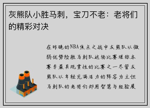 灰熊队小胜马刺，宝刀不老：老将们的精彩对决