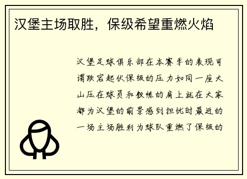 汉堡主场取胜，保级希望重燃火焰