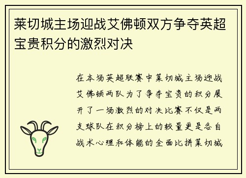 莱切城主场迎战艾佛顿双方争夺英超宝贵积分的激烈对决
