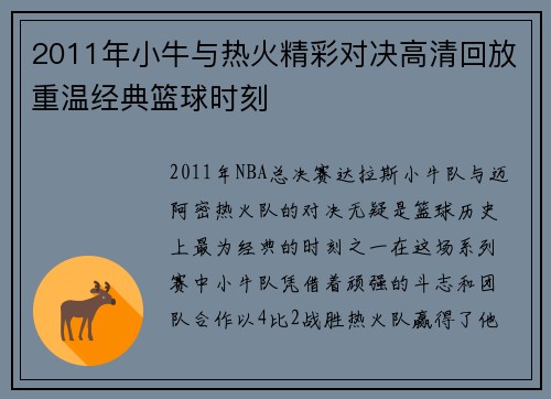 2011年小牛与热火精彩对决高清回放重温经典篮球时刻
