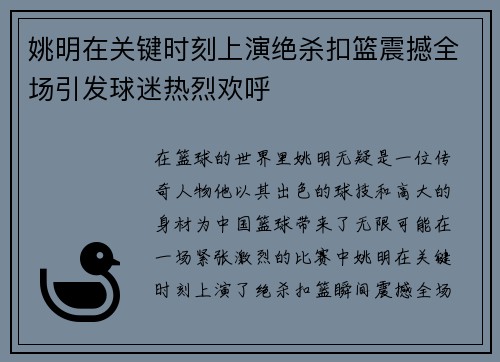 姚明在关键时刻上演绝杀扣篮震撼全场引发球迷热烈欢呼